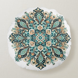 Coussins Ronds Paisley Mandala Turquoise avec Accents Or 1