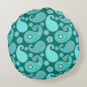 Coussins Ronds Paisley motif, Turquoise, Aqua et White