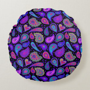 Coussins Ronds Paisley parfaitement violet sur noir