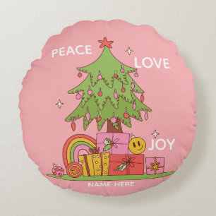 Coussins Ronds Paix, Amour & Joie Arbre de Noël Rétro Rose