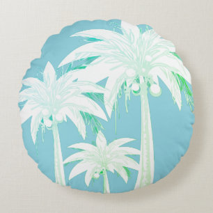 Coussins Ronds Palm Tree Aqua Bleu Été Vert Blanc Tropical