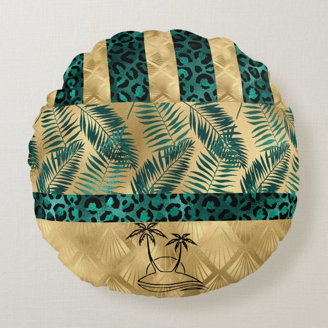 Coussins Ronds Palmier doré et vert (Devant)