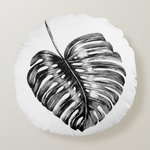Coussins Ronds Palmier tropical à feuilles de monstère noir et