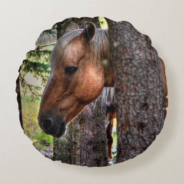 Coussins Ronds Palomino Pinto Peinture Stallion dans une forêt (Devant)