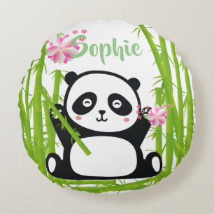 Coussins Ronds Panda heureux avec bambou et fleurs de cerisiers
