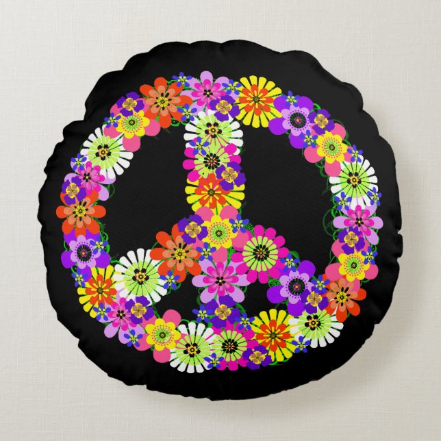 Coussins Ronds Panneau de paix Floral en noir (Devant)