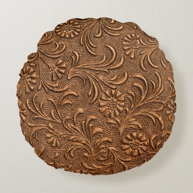 Coussins Ronds panneau floral gaufré, cuivre (Devant)