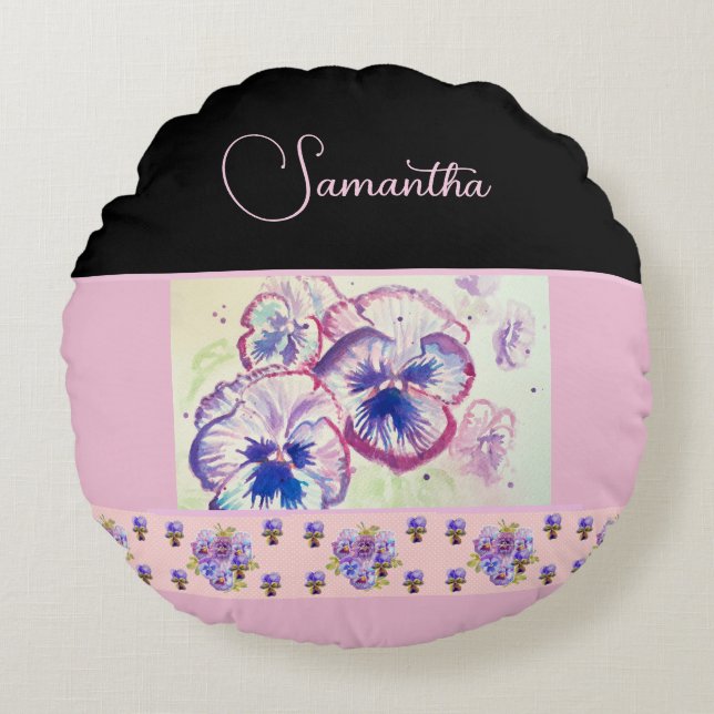 Coussins Ronds Pansies rose Pansy Aquarelle Fleurie art (Devant)