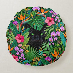 Coussins Ronds Panthère noire Fleurs de jungle et feuillage tropi
