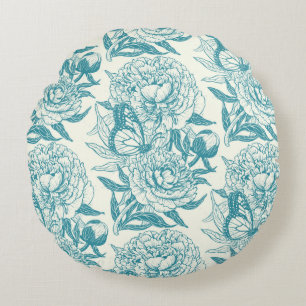 Coussins Ronds Papier à peintres et papillons, lagon Bleu