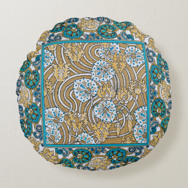 Coussins Ronds papier peint bleu art nouveau cyclamen (Devant)