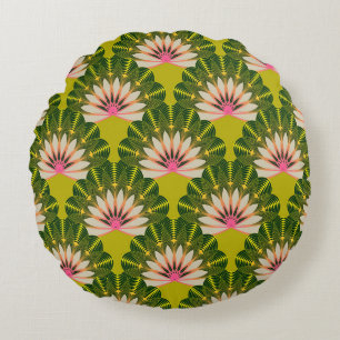 Coussins Ronds Papier peint en lotus stylisé : rose, vert.