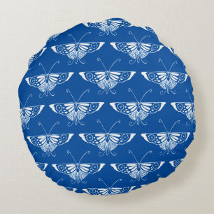Coussins Ronds Papillon Art déco stylisé, bleu cobalt et blanc
