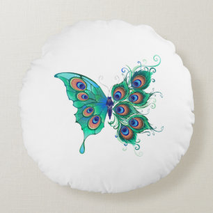 Coussins Ronds Papillon aux plumes de paon vert
