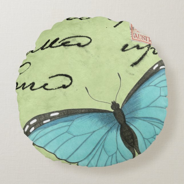 Coussins Ronds Papillon Bleu-À ailes sur la carte postale (Devant)