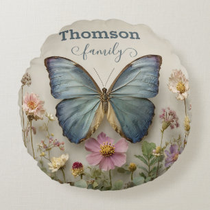 Coussins Ronds Papillon Bleu Vintage Floral Jardin Famille