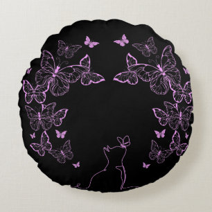 Coussins Ronds Papillon fantaisiste et chat en dessin au trait