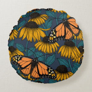 Coussins Ronds Papillon monarque sur confluents jaunes