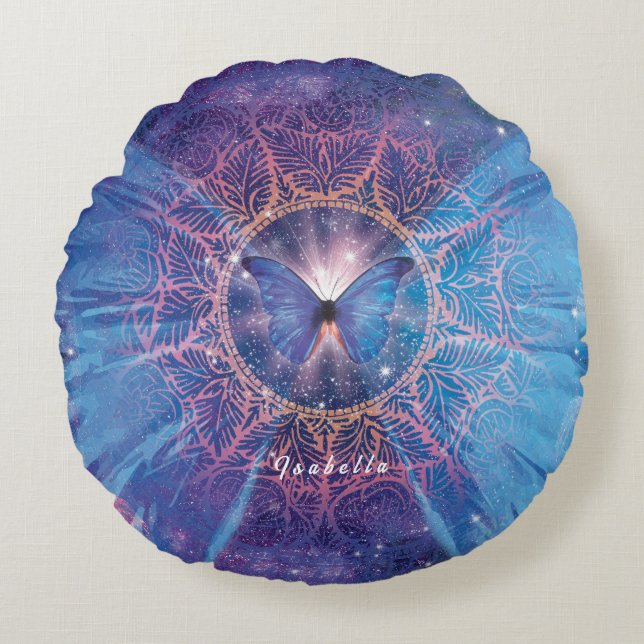 Coussins Ronds Papillon morpho / Galaxie Mandala (Devant)