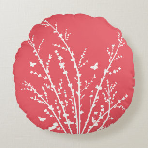 Coussins Ronds Papillons rose Carmine Branches botaniques moderne