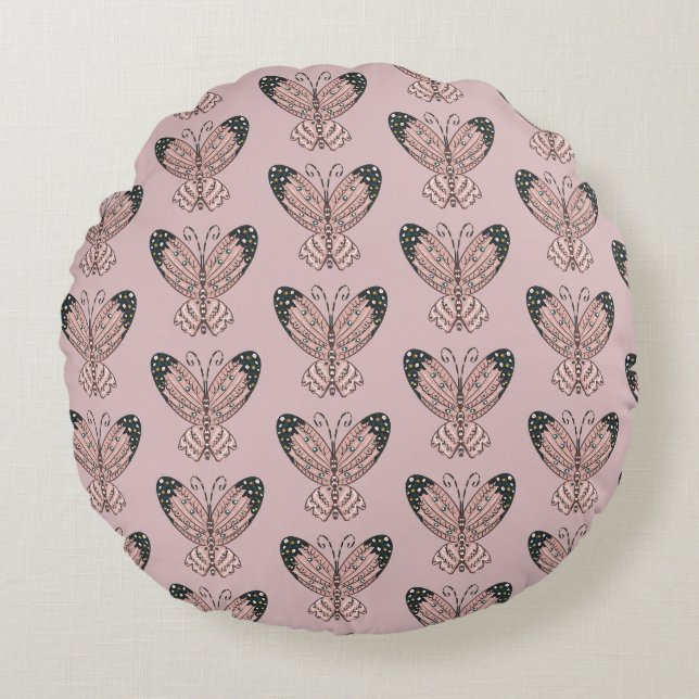 Coussins Ronds Papillons roses Boho Main Drag Art (Devant)