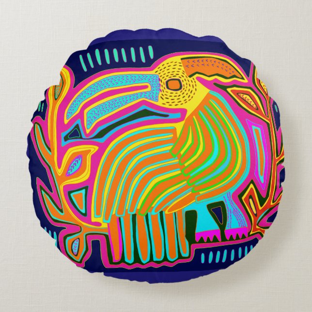 Coussins Ronds Parrot d'art populaire tropical (Devant)