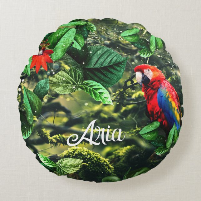 Coussins Ronds Parrot écarlate macaw dans la jungle avec des fleu (Devant)