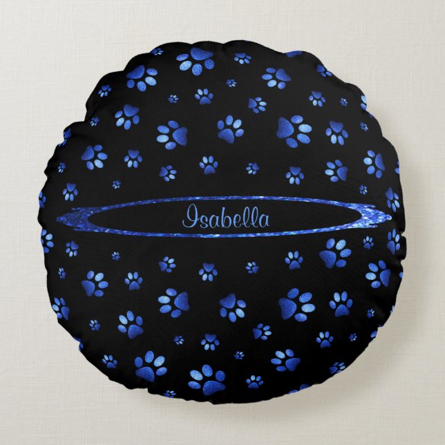 Coussins Ronds Parties scintillant bleue chien patte motif Monogr (Devant)