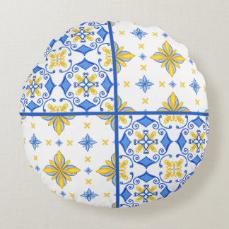 Coussins Ronds Patchwork de carreaux méditerranéens bleu jaune