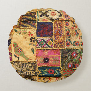 Coussins Ronds Patchwork indien : Tissu du marché de Hampi.