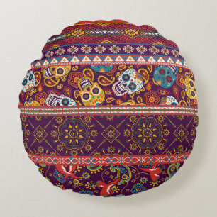 Coussins Ronds patchwork mexicain : design vintage traditionnel.