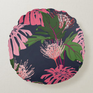 Coussins Ronds Paume tropicale exotique vert et rose feuilles et 