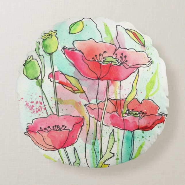 Coussins Ronds Pavots peints d'aquarelle (Devant)