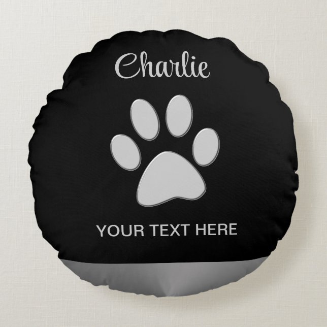 Coussins Ronds Paw Chien Argent sur arrière - plan noir (Devant)