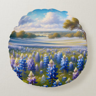 Coussins Ronds Paysage de prairie de bleuets du Texas