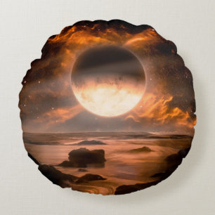 Coussins Ronds Paysage en imaginaire planète alien avec lune flam
