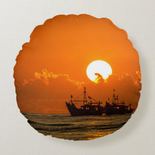 Coussins Ronds Paysage Naturel Coucher de Soleil avec Bateau-6846