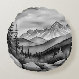 Coussins Ronds Paysage noir et blanc peinture de montagnes