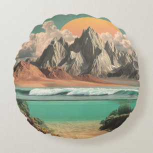 Coussins Ronds Paysage surréaliste d'océan et de montagnes avec d