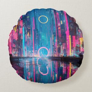 Coussins Ronds Paysage urbain nocturne néon vibrant futuriste