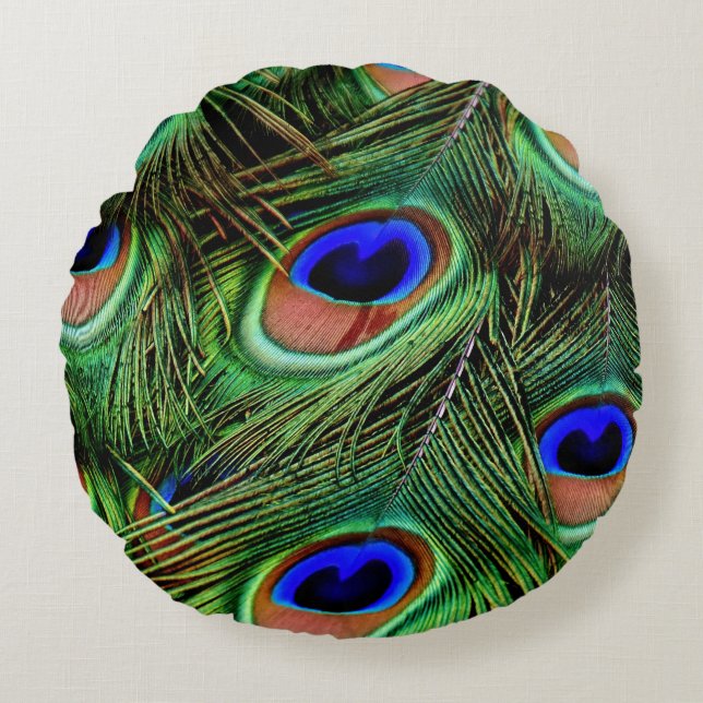 Coussins Ronds Peacock Feathers Close Up Photography Blue Green (Devant)