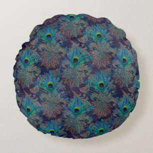 Coussins Ronds Peacock plumes cachemire violet turquoise or boho