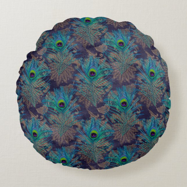 Coussins Ronds Peacock plumes cachemire violet turquoise or boho  (Devant)