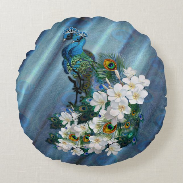 Coussins Ronds Peacocks bleu-vert métallique sur soie vert émerau (Devant)