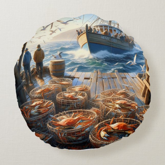 Coussins Ronds Pêcheurs à la Twilight ramassant des crabes (Dos)