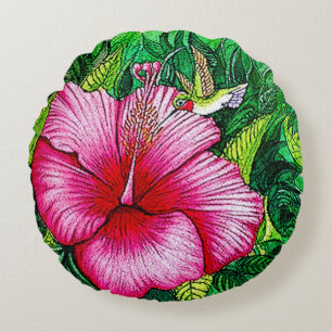 Coussins Ronds Peinture à l'aquarelle de l'Hibiscus d'colibri