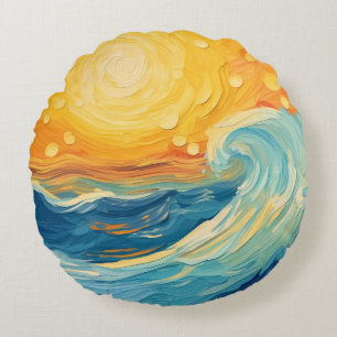 Coussins Ronds Peinture à l'huile côtière Soleil et vagues