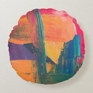Coussins Ronds Peinture abstraite verte, jaune et rouge