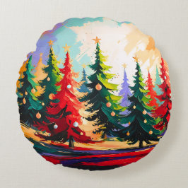 Coussins Ronds Peinture d'arbres de Noël Paysage