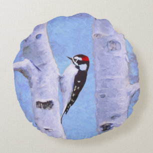 Coussins Ronds Peinture Downy Woodpecker - Art original pour oise